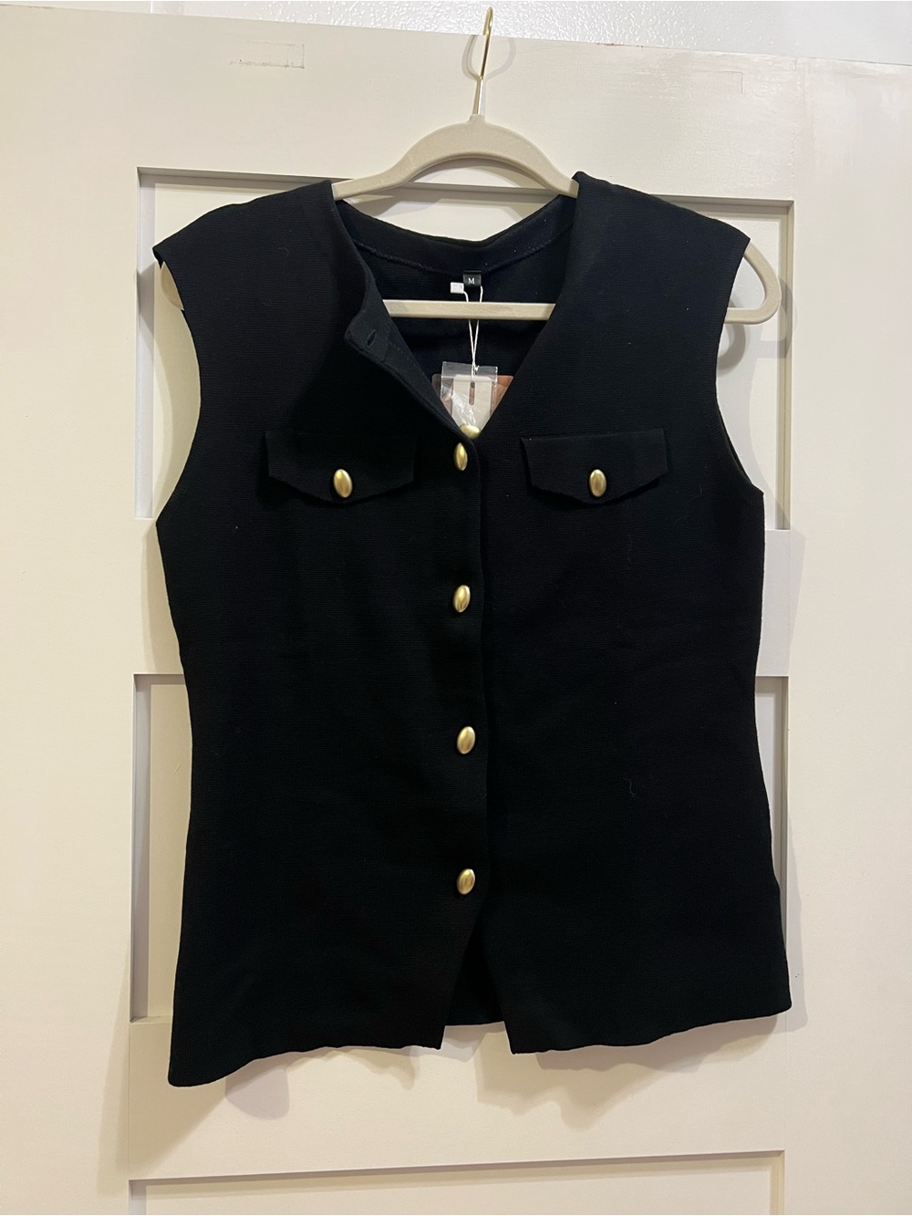 Black Sleeveless Button Front Vest with Gold Buttons